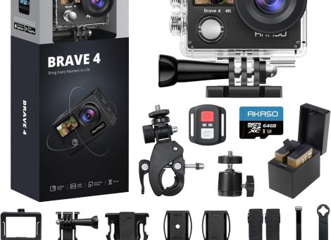 AKASO Brave 4 Action Camera 4K 30fps with 64GB MicroSD U3 Card Bicycle Helmet Accessories Kit Bundle, 20MP Ultra HD 131FT Waterproof Underwater Camera EIS WiFi Remote Control 5X Zoom Sport Cameras